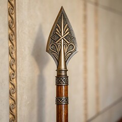 Closeup of an ornate spearhead with intricate designs on a textured wall