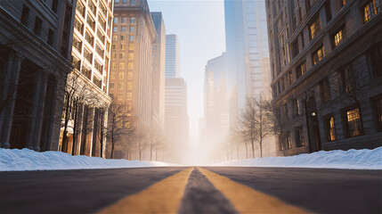 Obraz premium Empty city street at sunrise with warm light between tall buildings, concept of urban morning, calm and modern architecture.