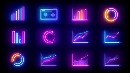 Vibrant neon digital interface showcasing sleek data visualization icons with glowing gradient elements representing analytics and technological progress against dark minimalist background. Loop - Powered by Adobe