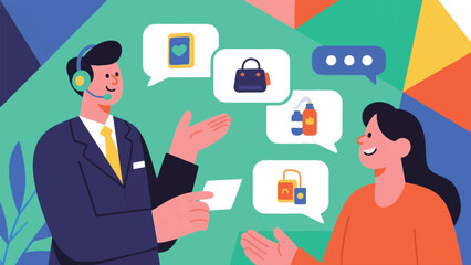 illustration of An agent is suggesting products to a customer based on their preferences.eps