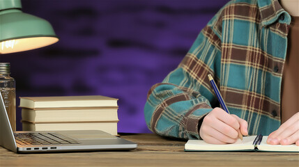 Person writing in notebook at desk with books and lamp, concept of studying, education and concentration with copy space.