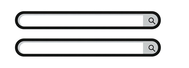 Fototapeta premium Two horizontal white search bars with magnifying glasses on a black background, for website search