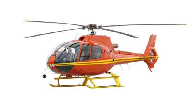 Isolated orange passenger helicopter with yellow stripes, rotor and tail visible in studio