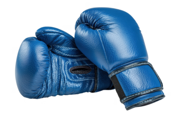 Pair of blue leather boxing gloves with white stitching isolated on a transparent background image