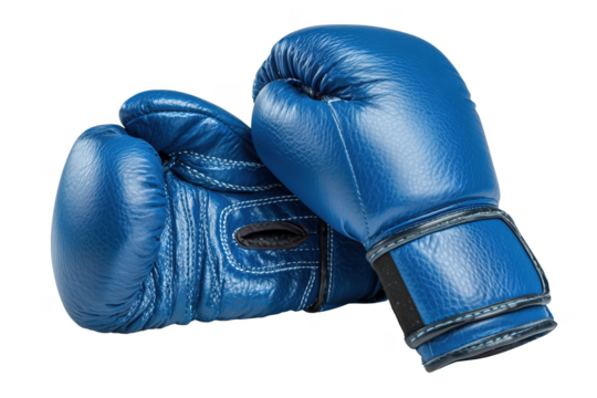 Pair of blue leather boxing gloves with white stitching isolated on a transparent background image