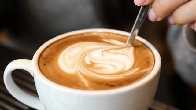 A close-up of a hand stirring latte art in a cup of coffee.