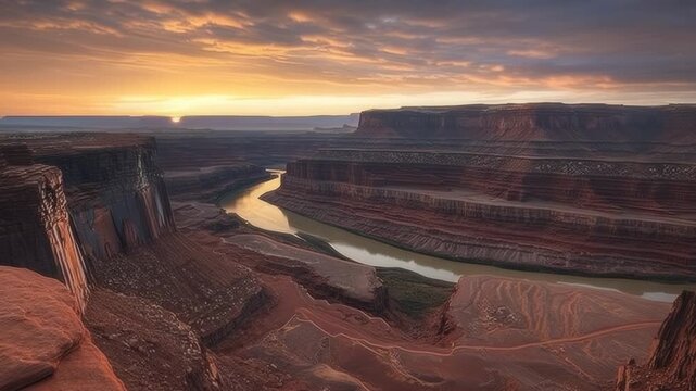 A majestic canyon landscape with a winding river bathed in warm sunrise light