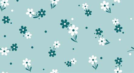 Obraz premium A charming repeating pattern of small white and teal flowers with dots scattered across a light blue background.