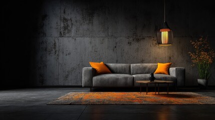 Modern living room with sofa orange pillows and decorative elements