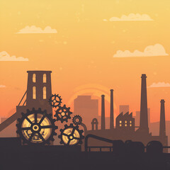 Industrial Factory Silhouette at Sunset with Gears and Chimneys in Warm Orange Sky