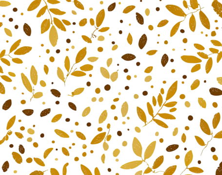 An autumnal design featuring scattered, stylized leaves and small round shapes against a dark backdrop