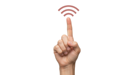 Isolated human hand with finger pointing up at a wifi signal symbol above, wireless connection