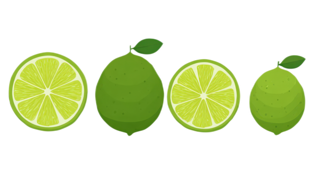 Fresh Whole and Sliced Limes in a Simple Flat Illustration for Food Designs