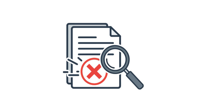 Error document with magnifying glass isolated on white background for inspection