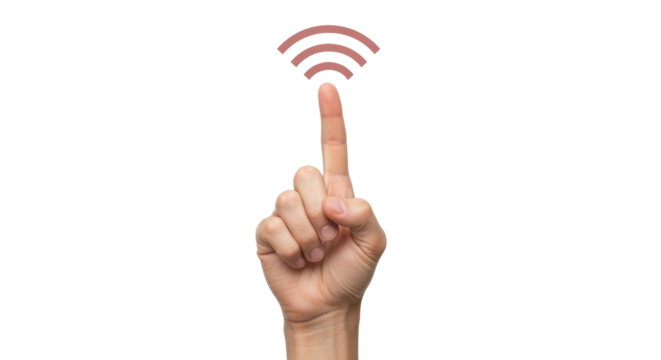 Isolated human hand with finger pointing up at a wifi signal symbol above, wireless connection - Powered by Adobe