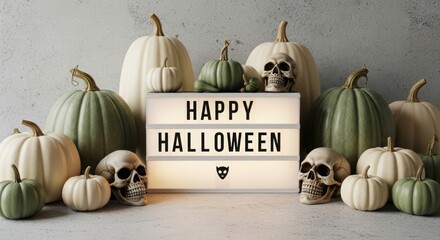 Illustration of happy halloween decoration with pumpkins, skulls and lightbox on white table
