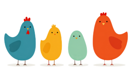 Simple Set of Whole Body Chickens in Playful Poses for Children's Design Projects