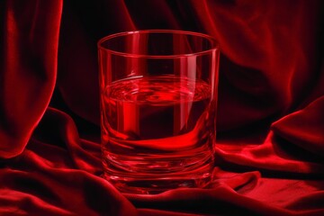 Red liquid in a glass tumbler on a red fabric surface.