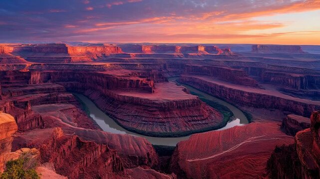 A vibrant sunset casts a warm glow over a vast red rock canyon and river bend