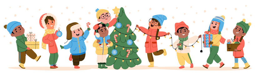 Kids decorating Christmas tree, carrying gift boxes rejoicing winter holiday spirit and preparations