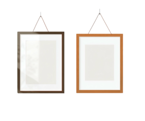 Two framed blank pictures hanging against black background, with red rope detail