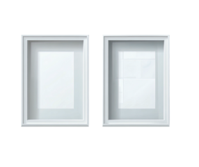 Two side-by-side, bright white picture frames with empty, rectangular insides against black