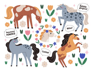 Charming horse cutie characters surrounded by cute artistic floral elements hand drawn composition