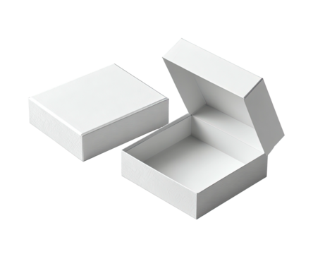Isolated, pristine, white rectangular boxes; one open, the other closed, with shadows on a black backdrop