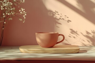 Terracotta colored coffee cup on a light wooden board.