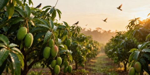 Green mangoes on a tree in an orchard at sunrise. Fresh fruit and leaves with morning dew and birds. Tropical agriculture and farming concept
