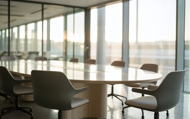 Minimalist Modern Office Space with Glass Walls and Executive Chairs in Soft Daylight