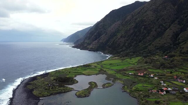 Aerial View of Faj&atilde; dos cubres and da Caldeira de Santo Cristo, S&atilde;o Jorge Island, Azores