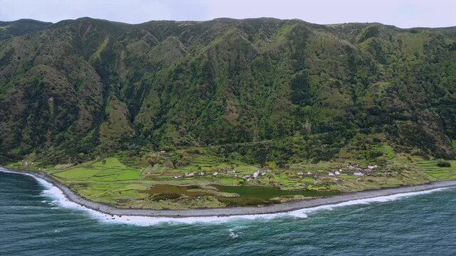 Aerial View of Faj&atilde; dos cubres and da Caldeira de Santo Cristo, S&atilde;o Jorge Island, Azores