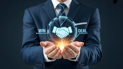 Businessman in a suit holding a glowing holographic projection of a handshake with win and deal text, symbolizing successful business agreement and partnership