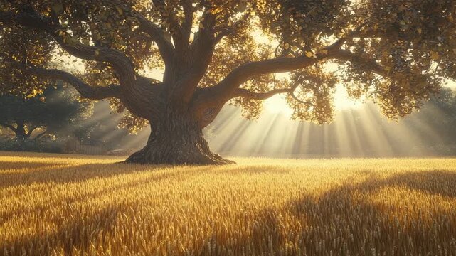 Golden sunbeams filter through a majestic tree's canopy over a vast wheat field