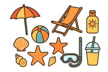 Fototapeta premium Colorful summer beach vacation objects set including umbrella, deck chair, sunscreen, starfish, and snorkel gear