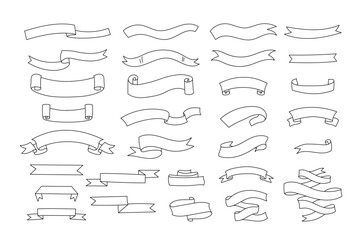 Simple black-and-white ribbon banner templates of different shapes and curls hand drawn set