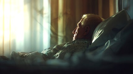 an older individual is resting serenely in a cozy bedroom. The gentle sunlight streams in, illuminating the tranquility of the scene
