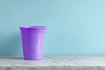 Purple plastic cup on a marble surface.