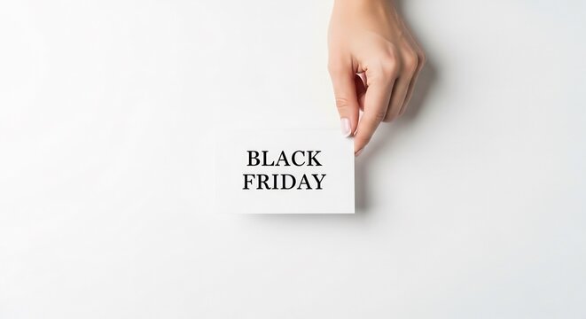 Black Friday sale design promo. Hand holding Black Friday card on white background. Shopping season advertisement. Great template for banner, marketing and promotion.