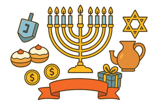 Festive Hanukkah symbols set featuring a golden menorah, spinning dreidel, and sweet sufganiyot