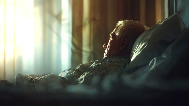 an older individual is resting serenely in a cozy bedroom. The gentle sunlight streams in, illuminating the tranquility of the scene