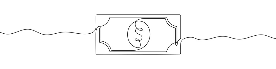 Dollar bill with a dollar sign in one line art style. Dollar bill drawing with editable black stroke on white background. Vector illustration.