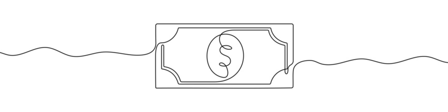 Dollar bill with a dollar sign in one line art style. Dollar bill drawing with editable black stroke on white background. Vector illustration.