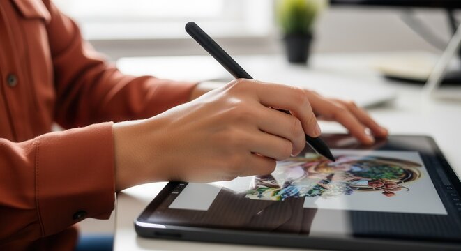 Close-up of a designer's hands drawing on a digital tablet with a stylus. Female artist creating a digital illustration in a modern workspace. Creative graphic design and technology concept