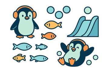 Obraz premium Cute cartoon penguins wearing earmuffs playing on a slide with fish and bubbles