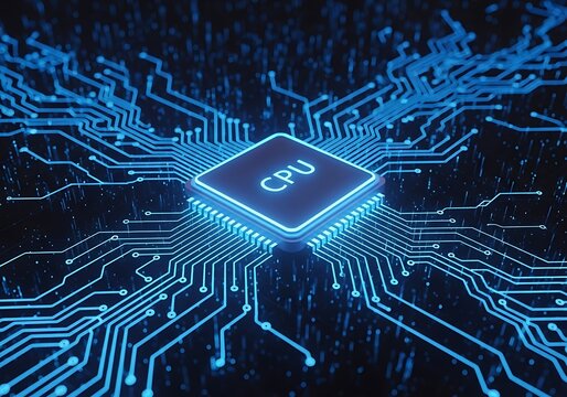 Closeup of a glowing blue cpu chip on a motherboard, with intricate illuminated circuit pathways extending outwards, representing advanced technology and digital processing power