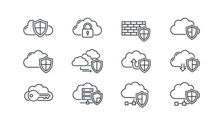 Cloud security line icons isolated on white background