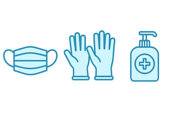 Fototapeta premium Essential personal protective equipment icons: face mask, medical gloves, and hand sanitizer