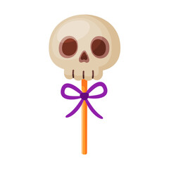 Skull lollipop with red glaze. Halloween candy, spooky and playful. modern vector style. cute and creepy, for Halloween invitation, greeting card, poster, packaging, sticker. festive decorative candy.